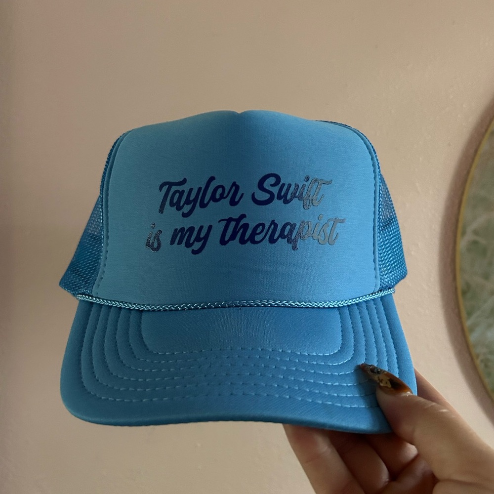 Blue Trucker Hat: Taylor Swift is my therapist”